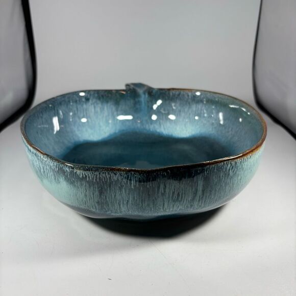 Vintage Dryden Studio Art Pottery Drip Glaze Apple Shaped Bowl Blue Green - Picture 2 of 3